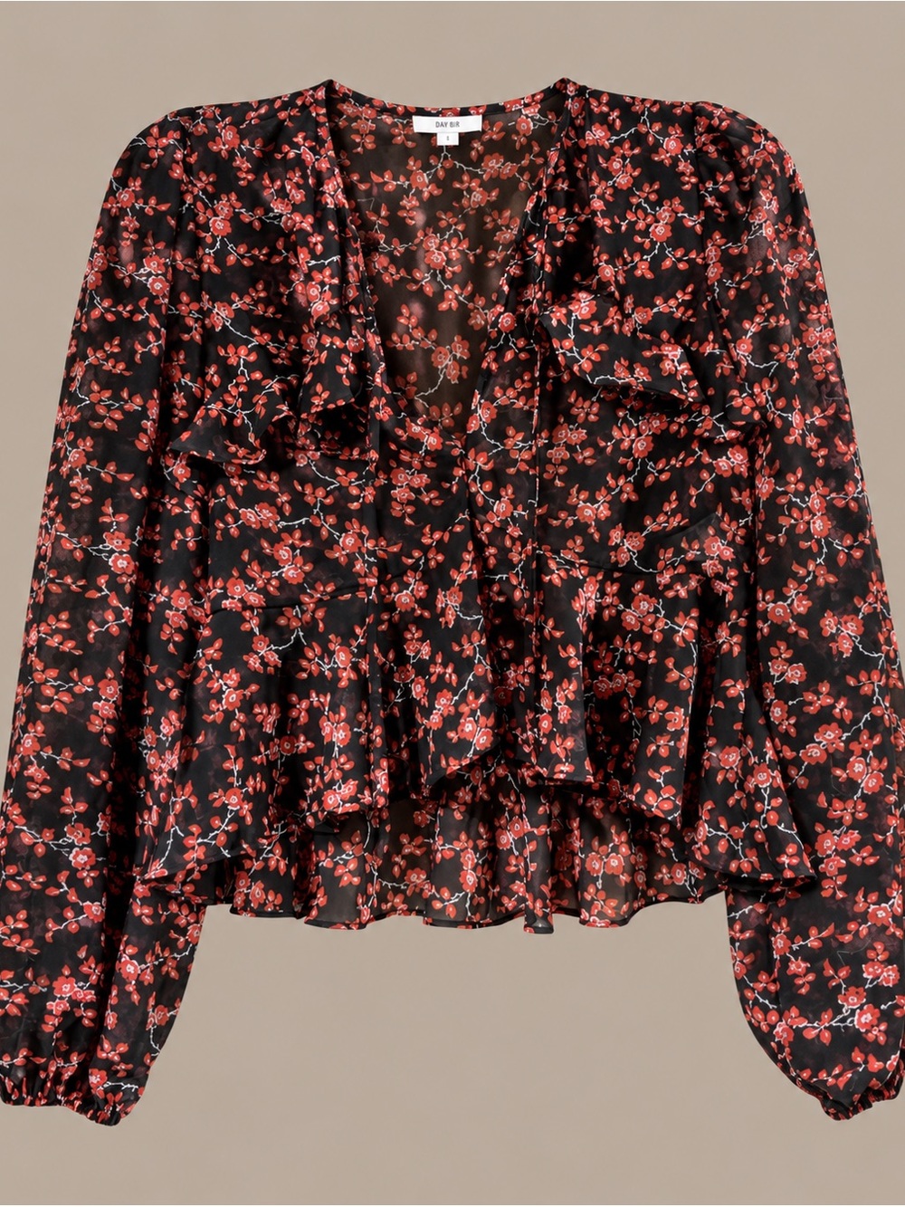 Bar III Black Blouse with Red Floral Ruffles